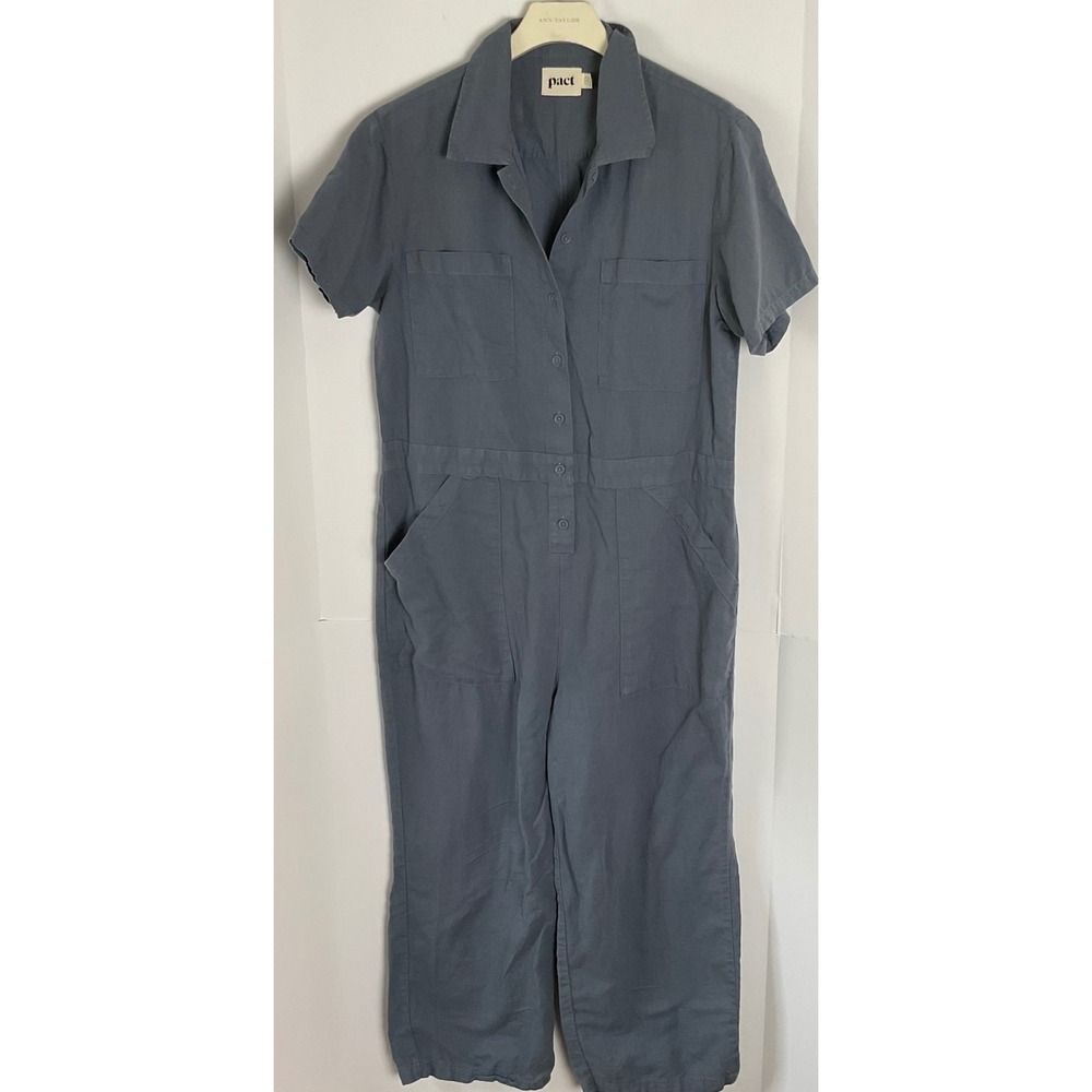 Pact Organic Cotton Hemp Utility Jumpsuit Slate Blue/gray Short Sleeve Womens L